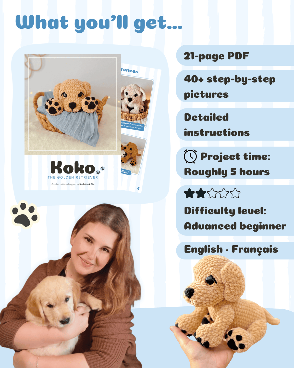 Koko the Golden Retriever · PDF Crochet Pattern · Tutoriel de Crochet PDF · Peluche Chiot