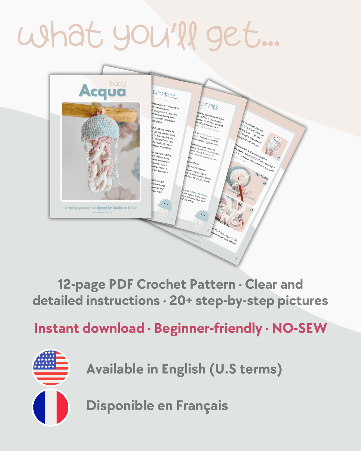 Baby Acqua · PDF Crochet Pattern · No-sew Jellyfish · Méduse au crochet