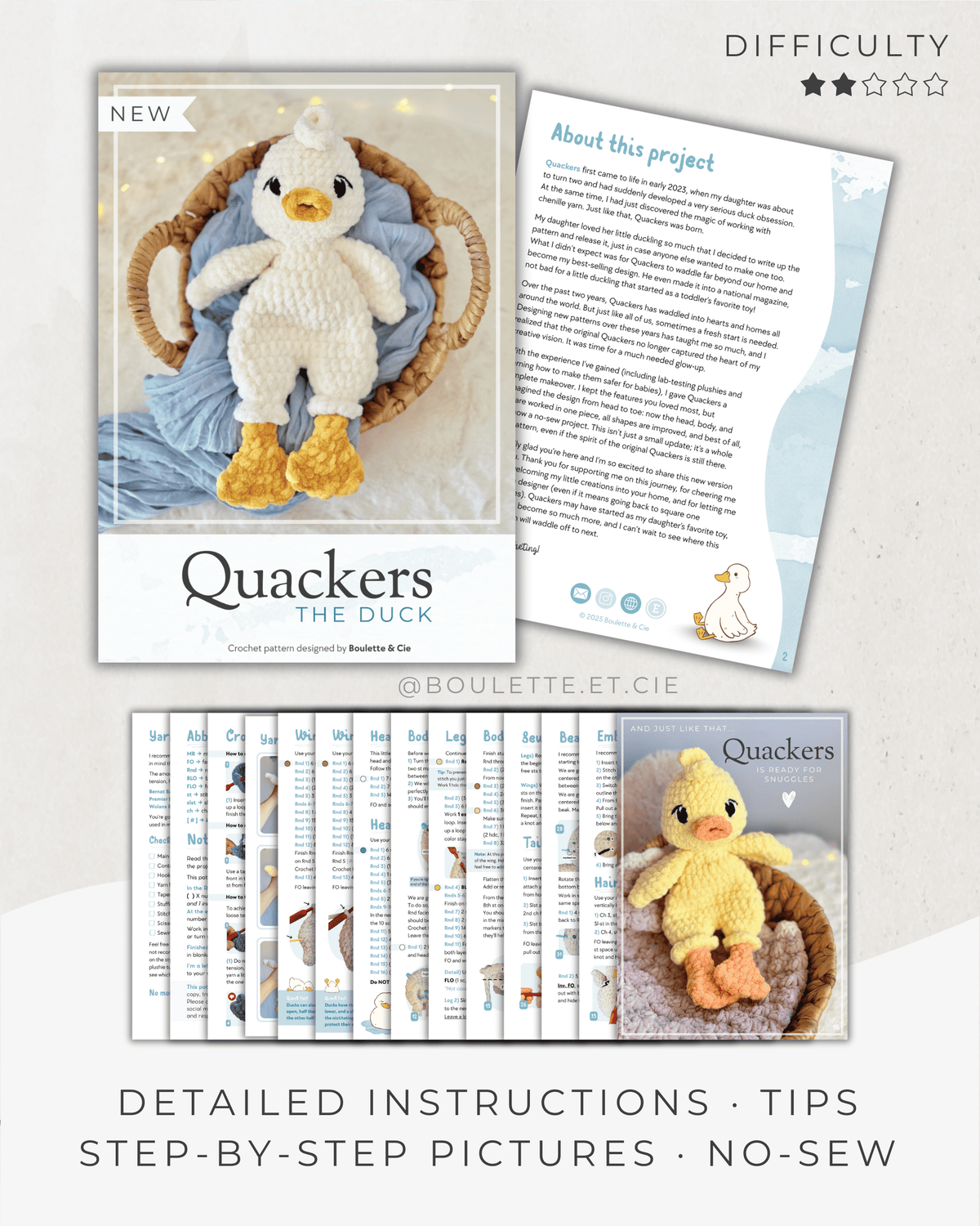 Quackers Duck · PDF Crochet Pattern · No Sew Amigurumi · Doudou Canard
