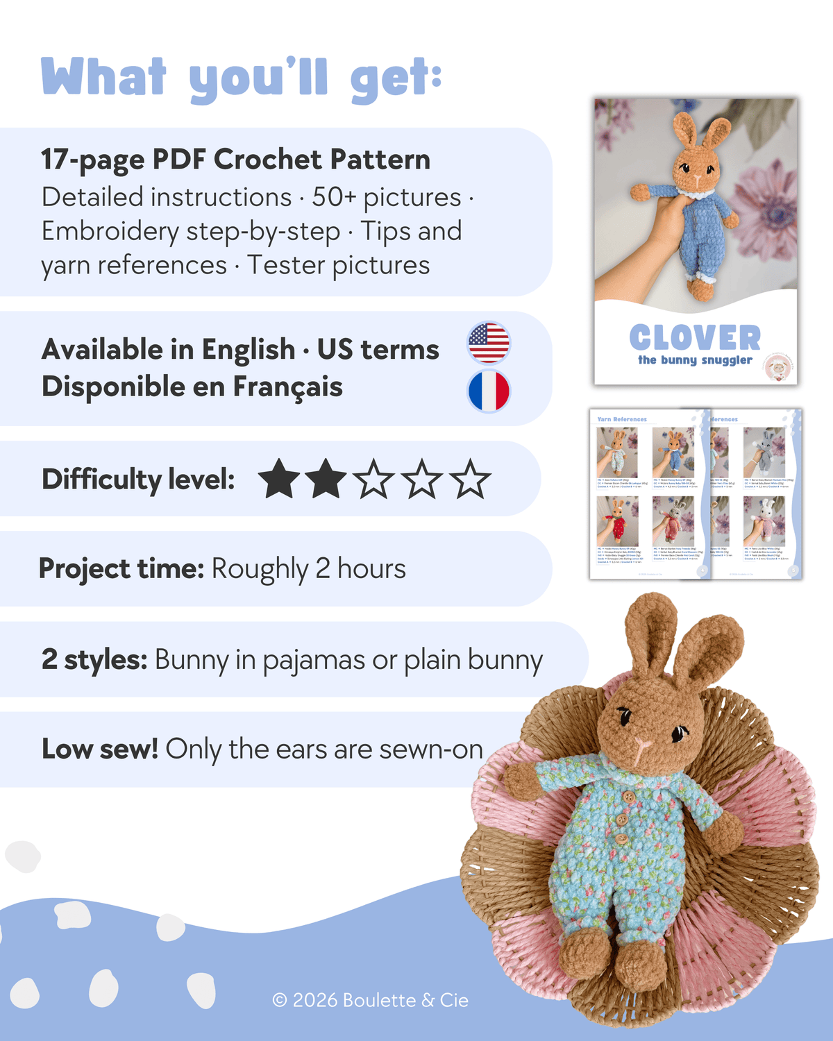 Clover · Doudou lapin - Bunny snuggler · PDF Crochet Pattern · Tutoriel de Crochet