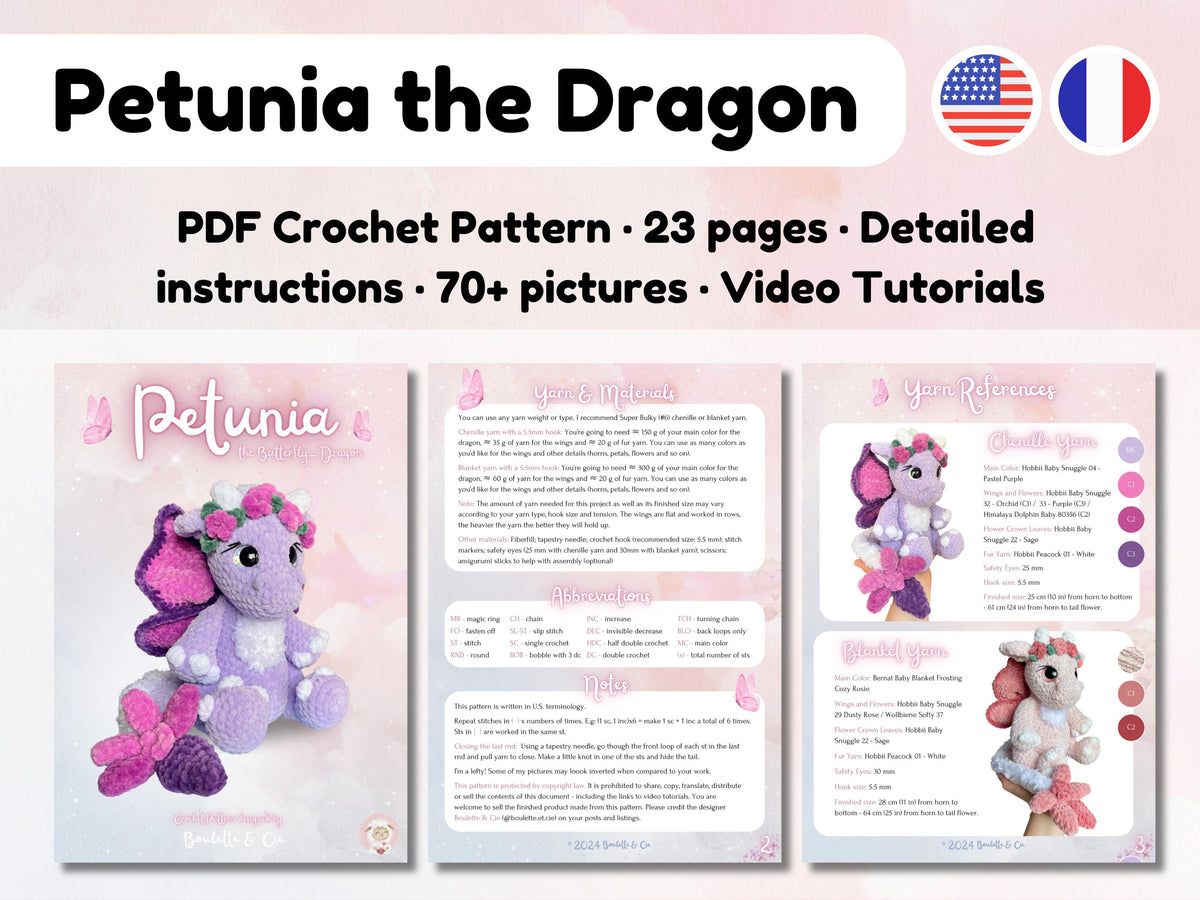 Petunia the Butterfly Dragon · PDF Crochet Pattern · Pétunia le Dragon Papillon