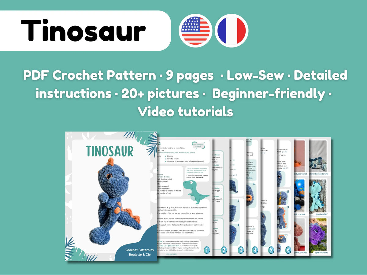 Tino the Dino Snuggler · PDF Crochet Pattern · Tino le Doudou Dino