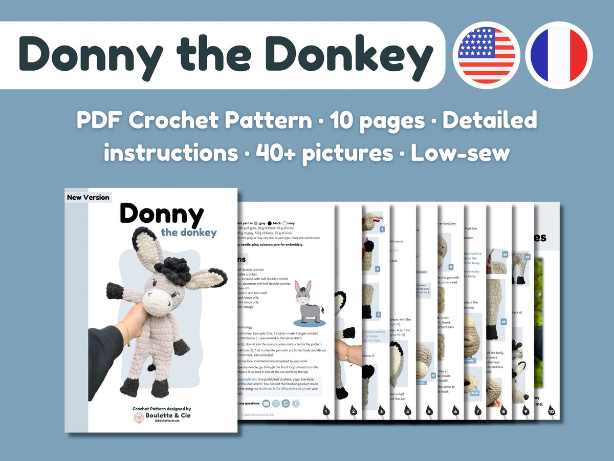 Donny the Donkey Snuggler · PDF Crochet Pattern · Donny le Doudou Âne